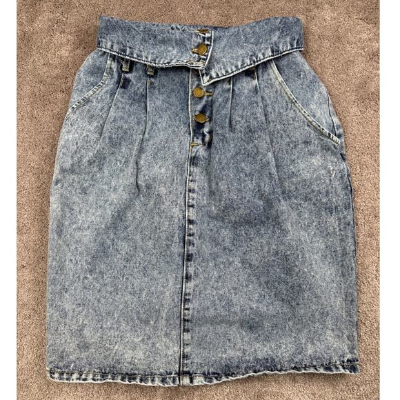 Helium Dresses & Skirts - Vtg Acid Wash Denim Skirt Size 4 USA Helium 80s Fold Over Waist Button Knee